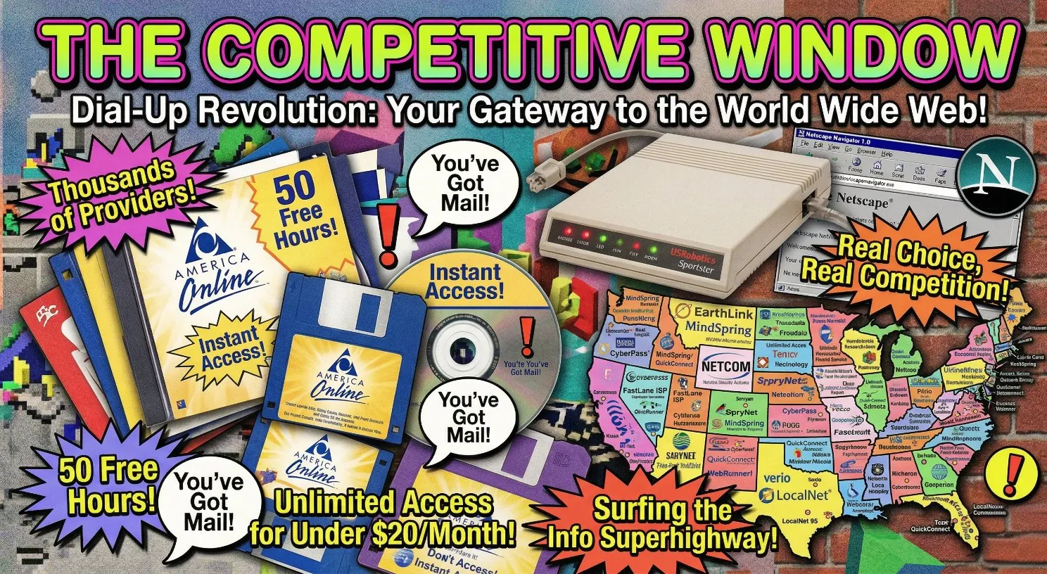 1990s dial-up internet collage showing AOL discs, a 14.4k modem, Netscape Navigator logo, and advertisements for thousands of competing ISP providers offering unlimited access for under twenty dollars a month