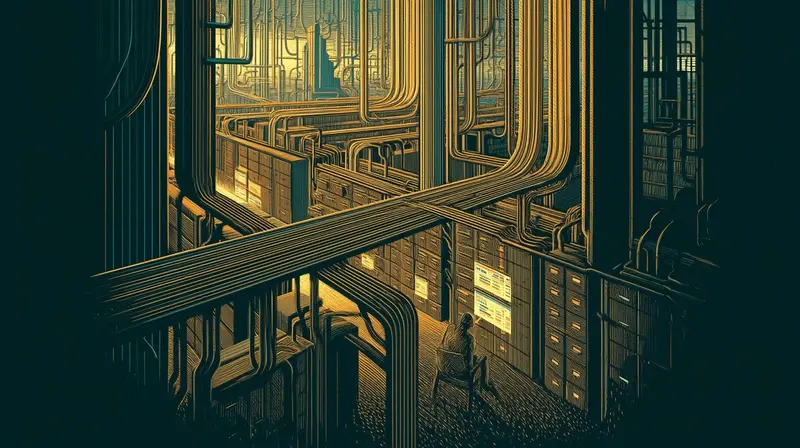 Interconnected amber data streams flowing between filing cabinets and screens, the architecture of TEXXR