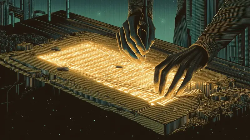 Mãos inscrevendo uma tábua constitucional luminosa para máquinas