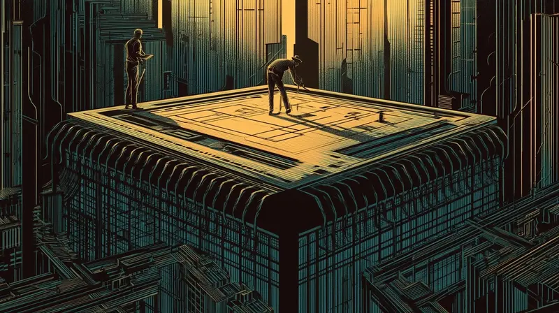 Arquitetos em cima de um enorme chip de CPU, desenhando plantas diretamente sobre a superfície de silício, o chip como arquitetura
