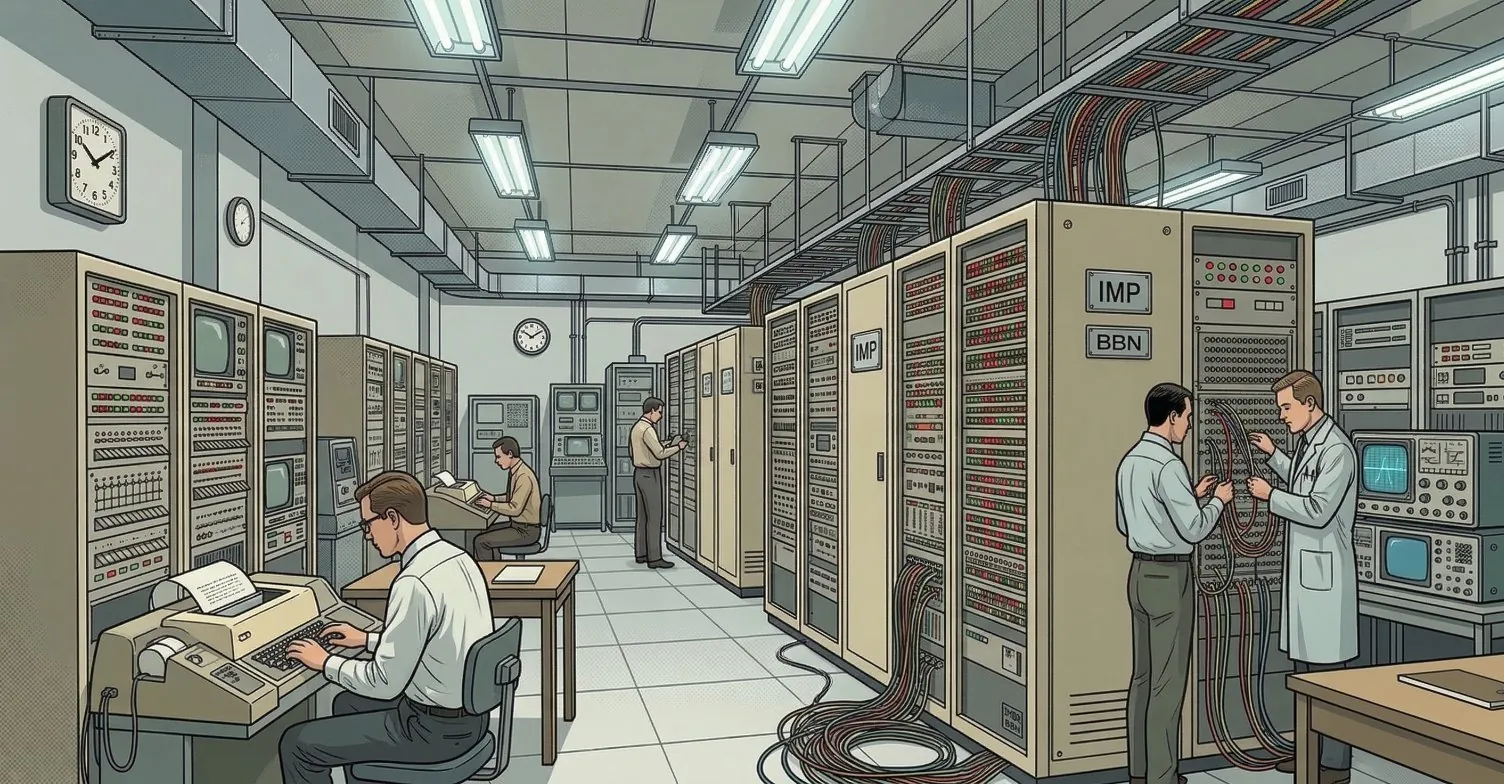 Illustration of an early ARPANET terminal room circa 1969, showing researchers operating BBN Interface Message Processors — the publicly funded network that became the commercial internet in five years