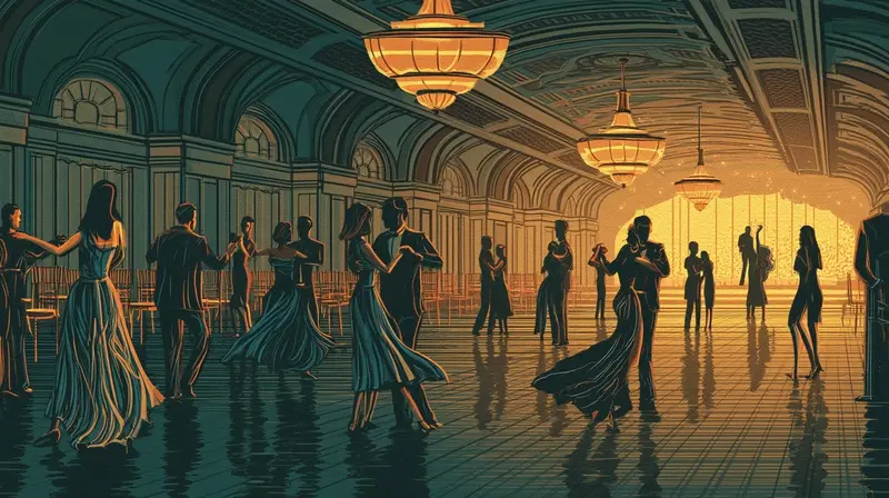 Um salão de baile elegante com dançarinos em silhueta, lustres âmbar iluminando o teto, luz dourada se apagando nas bordas enquanto o último baile é tocado