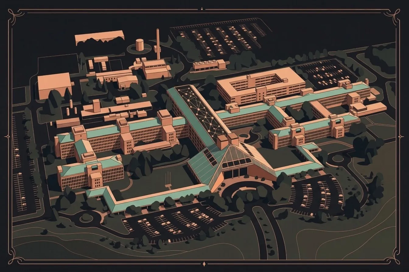 Aerial illustration of Bell Labs Murray Hill, New Jersey — the research campus where AT&T's telephone monopoly funded the transistor, the laser, and Unix through regulated ratepayer revenue