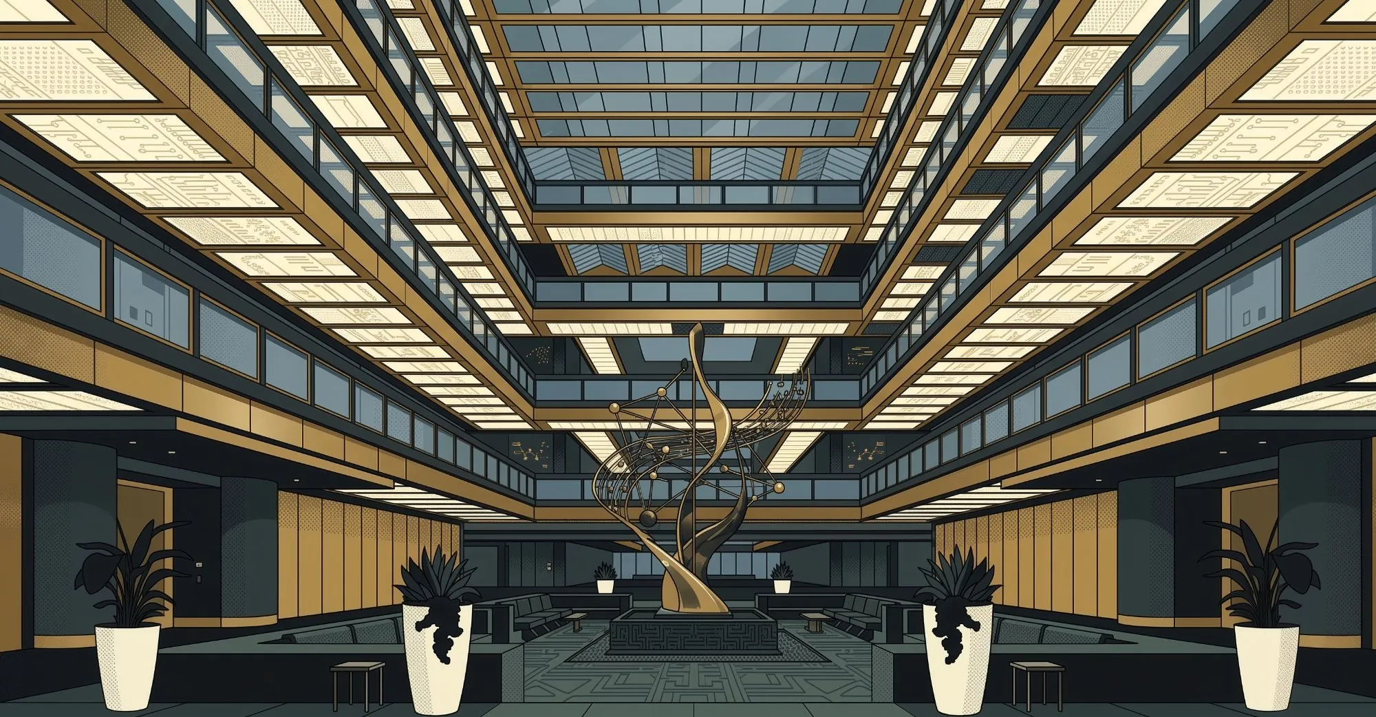 Interior of the Bell Labs Murray Hill atrium, showing the multi-story glass ceiling and central sculpture — where 15,000 researchers produced nine Nobel Prizes on a $500 million annual budget funded by telephone ratepayers