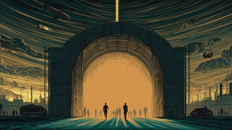 A vast arched factory doorway with silhouettes of figures and vehicles emerging into amber-lit fog, woodcut architectural detail overhead