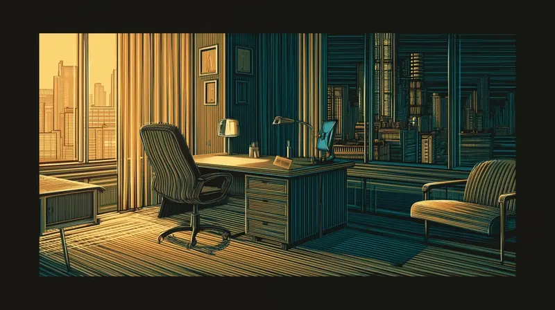 Um escritório de canto vazio com uma placa escrita FUTURISTA-CHEFE, mesa desocupada, o alinhamento deixando o laboratório