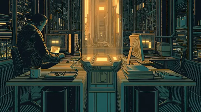 Dois espaços de trabalho se fundindo, um terminal de IA emergindo do centro de uma mesa humana