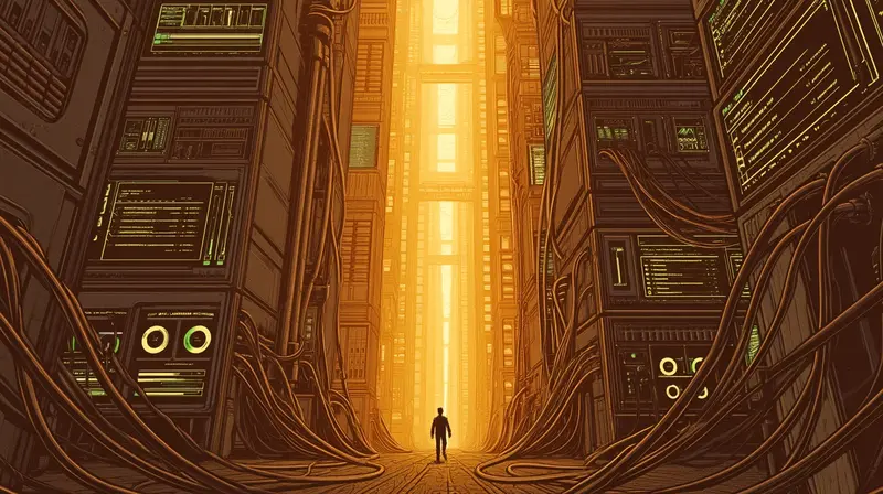 Una figura humana solitaria en un corredor de servidores iluminado en ámbar, paneles de infraestructura que se pierden en la distancia luminosa