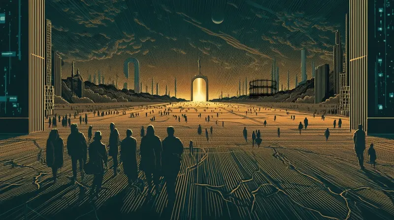 Um espaço público se degradando sob luz âmbar, com rachaduras surgindo enquanto conteúdo gerado por IA o inunda