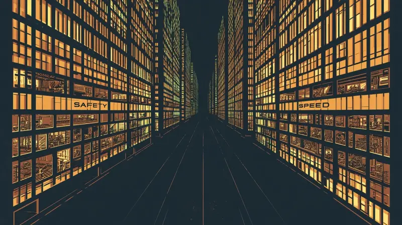 Dois prédios corporativos iluminados em âmbar que convergem um em direção ao outro, um rotulado como Segurança e o outro como Velocidade, interiores indistinguíveis