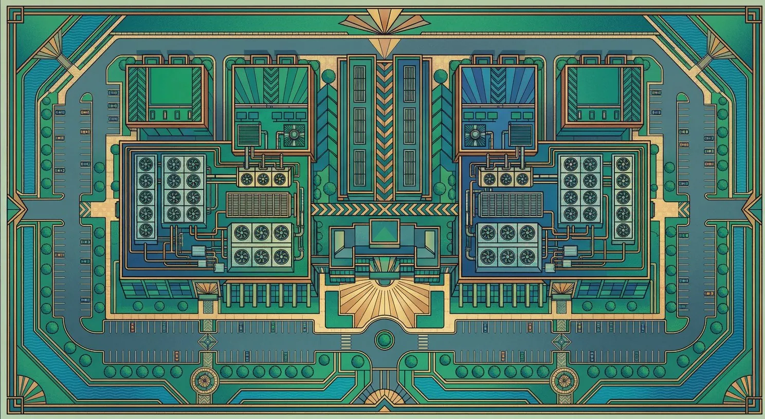Top-down art deco illustration of a hyperscale cloud data center showing symmetrical server halls, cooling units, and power infrastructure — the modern equivalent of Edison's Pearl Street Station, serving millions of customers from a single facility
