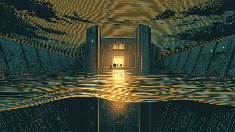 Uma fortaleza com um fosso visivelmente drenando, o nível da água âmbar caindo enquanto a IA corrói a barreira