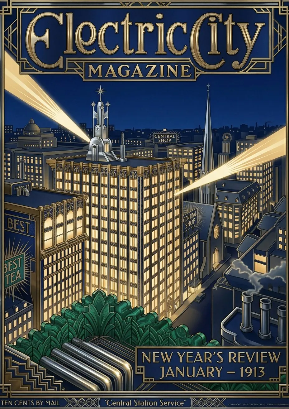 Electric City Magazine cover from January 1913 showing an art deco cityscape with searchlights radiating from a central utility building — depicting the golden age of American electrical utilities and central station service