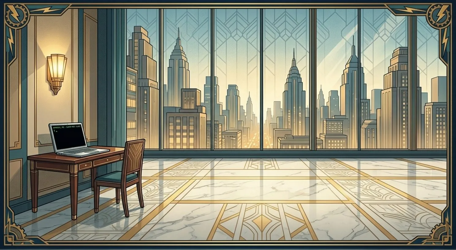 Art deco illustration of an empty office with a single laptop on a desk and an empty chair, city skyline visible through floor-to-ceiling windows — representing AI companies like Anthropic and OpenAI whose market power derives from intellectual property rather than physical infrastructure