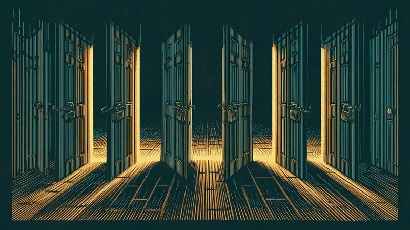 Várias portas trancadas abrindo simultaneamente, com luz âmbar irradiando de cada uma ao mesmo tempo