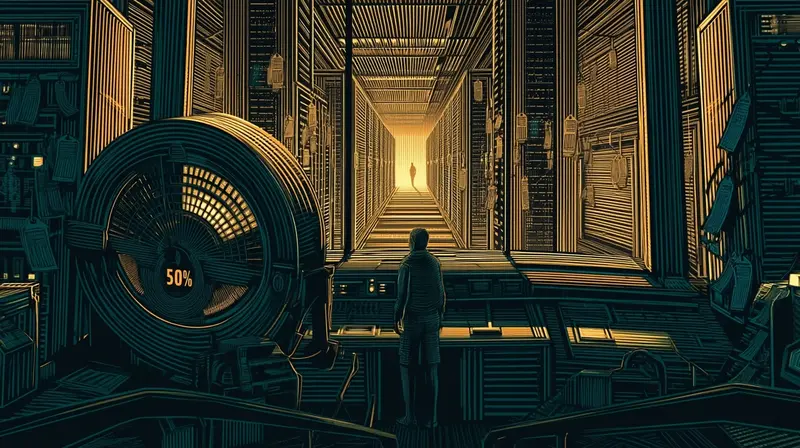 A figure standing before a massive 50% gauge in a dark control room, a vast corridor of glowing server infrastructure stretching to a vanishing point behind them