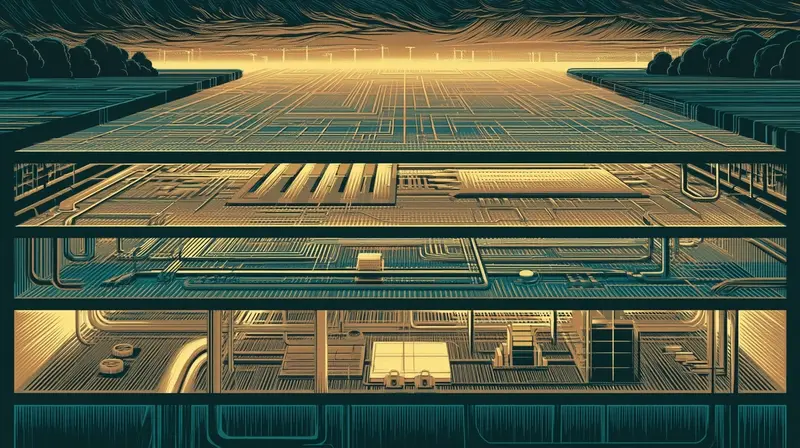 Cinco estratos horizontales de tecnología en corte transversal, cada uno en un tono diferente de ámbar y azul verdoso