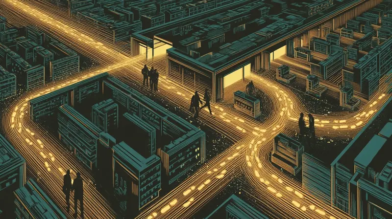 Piso de tienda visto desde arriba, rastros ámbar de pisadas que conducen hacia terminales de IA en lugar de cajas registradoras