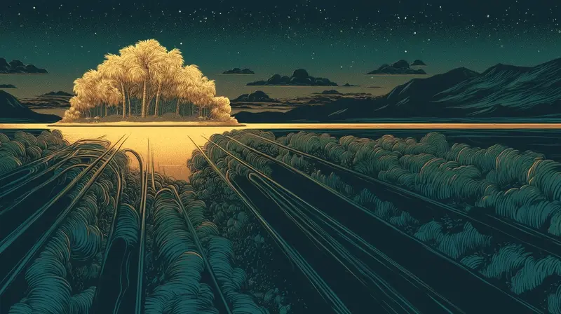 Una isla tropical bañada de luz ámbar en un océano oscuro, con contenido llegando a la orilla como olas