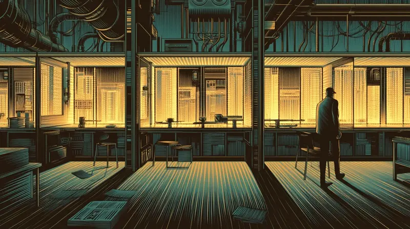 A mechanical newsroom transforming raw articles into structured amber light patterns