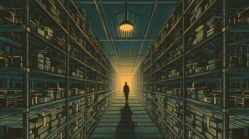 A vast warehouse of identical packages stretching to infinity, scale as supply chain risk