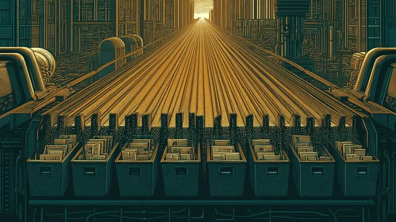 A vast amber sorting machine with articles entering at top and falling into ranked bins below