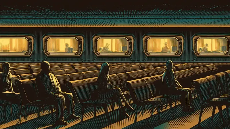 Sillas de entrevista en una sala de espera, mitad ocupadas por humanos y mitad por pantallas con IA iluminada