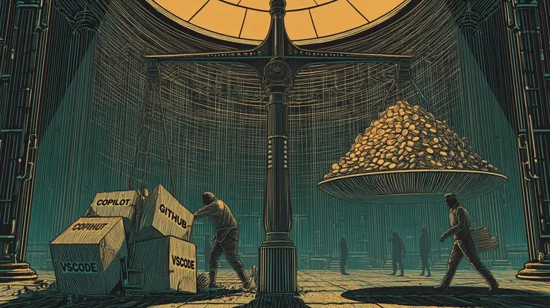 A balance scale with one pan crushed low by heavy boxes labeled COPILOT, GITHUB, VSCODE; the other pan raised high and piled with gleaming coins, figures in a dim rotunda