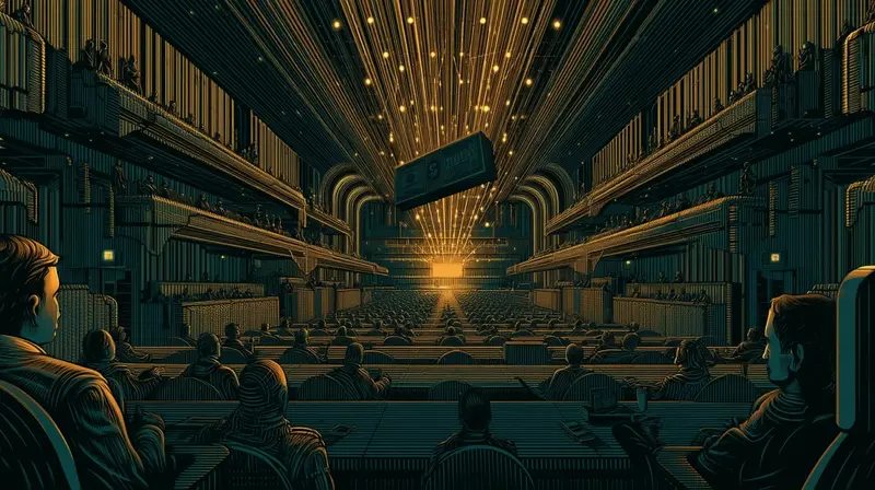 Un vasto salón de cumbre con una etiqueta de precio de cien millones flotando sobre el escenario