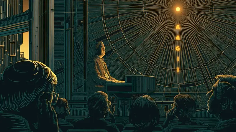 Um CEO num púlpito com AGI brilhando em âmbar acima, a audiência perplexa