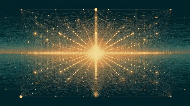 An enormous web of amber connections between glowing nodes, the knowledge graph as architecture