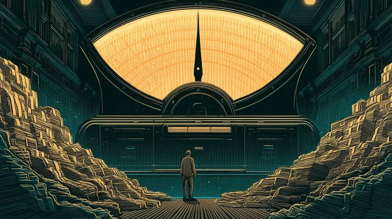 A giant cast-iron meter with its needle swinging high on an amber-lit scale, dwarfing a small operator figure at the base in a dim accounting hall