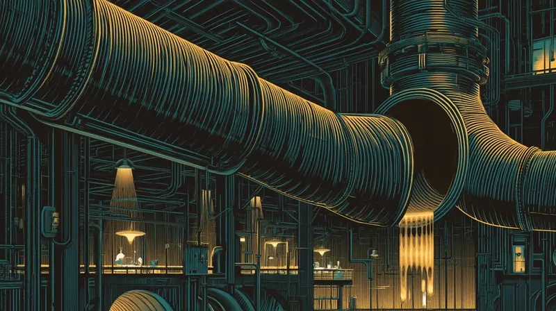 Two massive industrial pipelines converging into a single funnel, content flowing as amber liquid, the aggregation endgame
