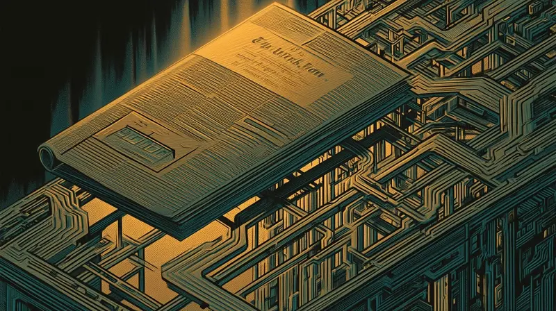 A newspaper dissolving to reveal the structural pattern behind it, amber light on the deeper layer