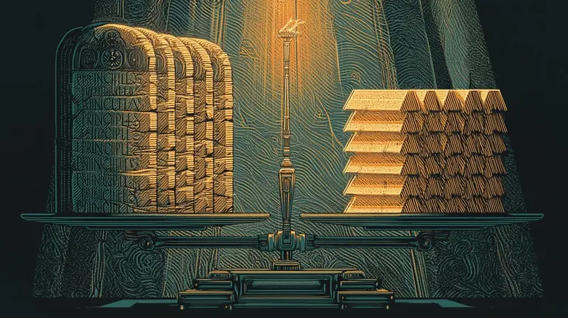 Stone tablets with principles weighed against gold bars on a scale in amber light