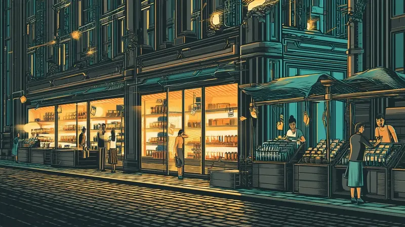A grand commercial storefront with amber-lit displays beside open-air market stalls selling the same products for free
