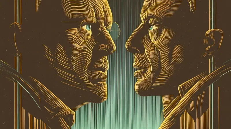 Two corporate profiles as amber silhouettes side by side, mirror images becoming indistinguishable