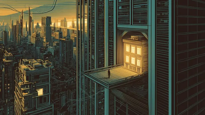 A small startup building being absorbed into a massive corporate structure, still glowing amber inside