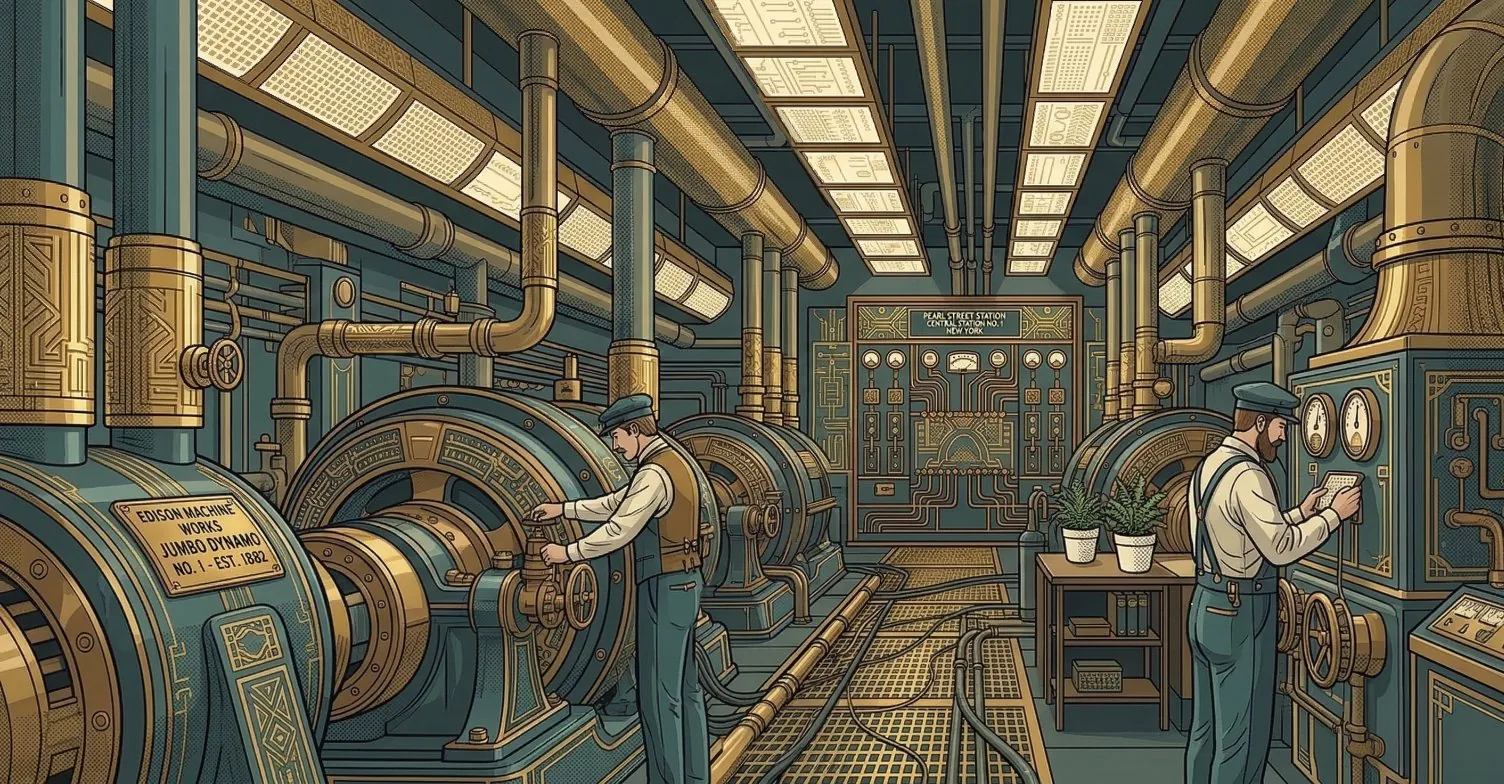 Illustration of Edison's Pearl Street Station generator room in 1882, showing workers operating Jumbo Dynamo generators — the first commercial electric power plant in the United States and the origin of the American utility industry