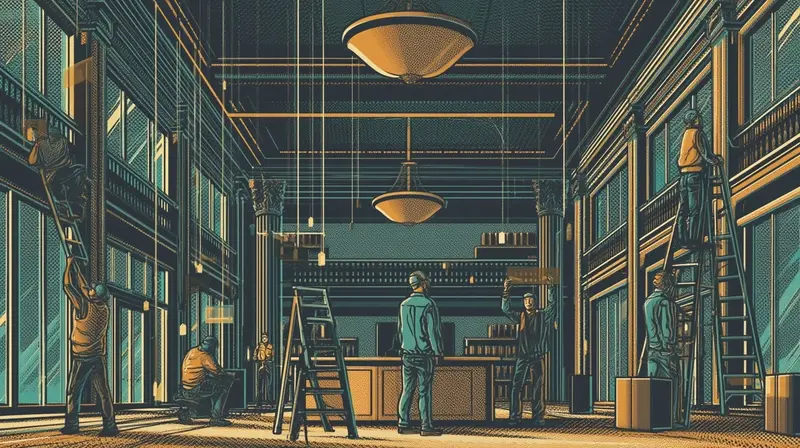 Workers converting a grand institutional building, hanging amber price tags from every surface, chandeliers replaced by cost meters