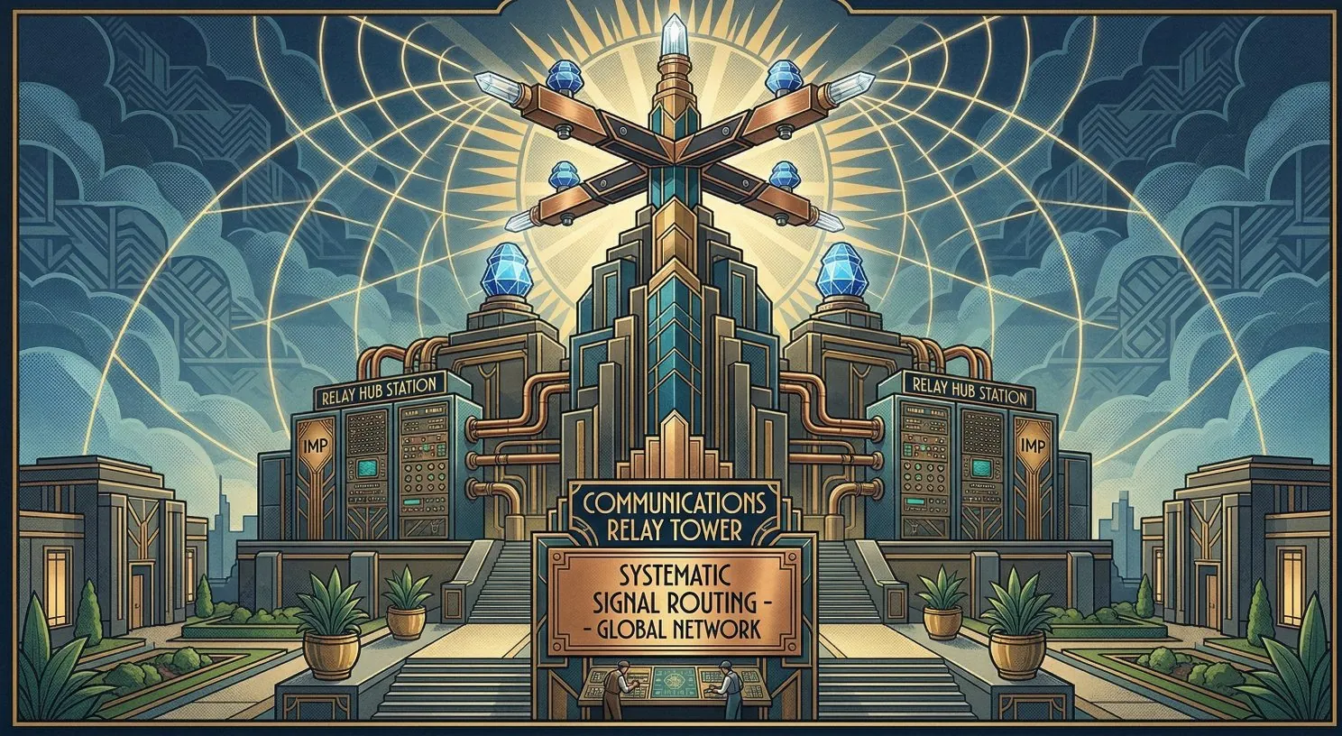 Art deco illustration of a communications relay tower with signal waves radiating outward over relay hub stations — representing the cellular infrastructure built on government-allocated spectrum scarcity