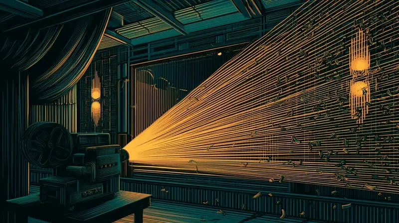 A film projector casting amber light, cease and desist letters fluttering like confetti in the beam