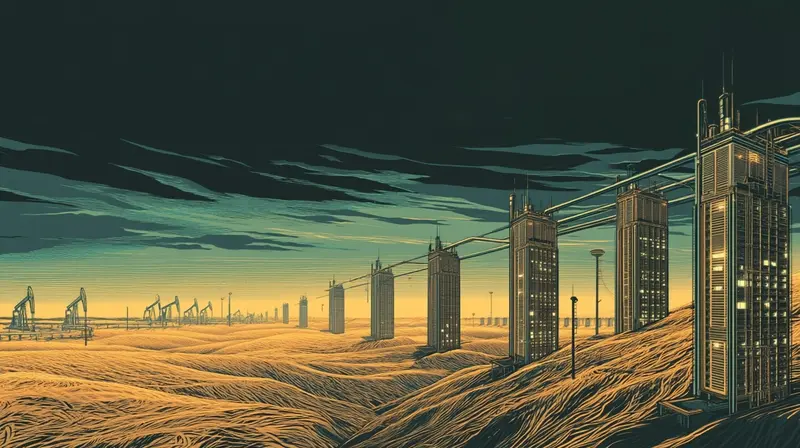 Desert landscape with amber server farms rising from sand, oil derricks transforming into chip towers