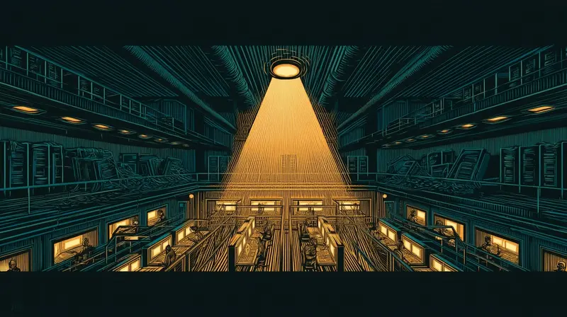 A two-tier industrial laboratory at night, an amber spotlight illuminating only the lower tier of lit workstations; the upper tier in darkness and abandoned