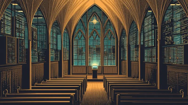 A cathedral nave reimagined as a server room, stained glass windows filled with data, a glowing terminal at the altar, empty pews