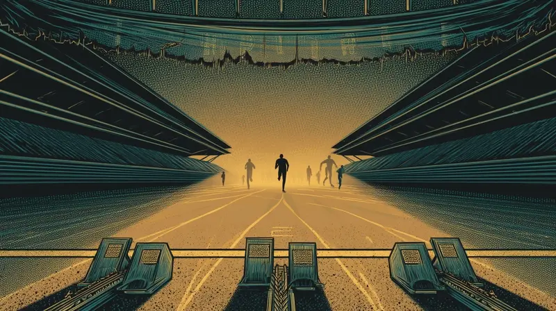 An empty stadium at dawn with runners' starting blocks in the foreground and figures sprinting away into amber mist