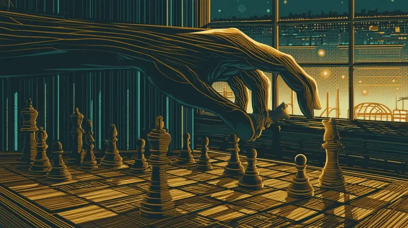 A chessboard in amber light with one piece deliberately placed wrong, a grandmaster knowing it is anti-AI