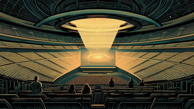 An enormous screen in an empty stadium, amber light pouring from it across empty seats, the most expensive advertising moment in history