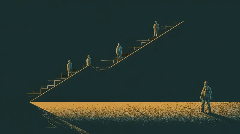 Figures ascending an amber staircase, one figure left behind at the bottom, the arc from reckoning to restructuring