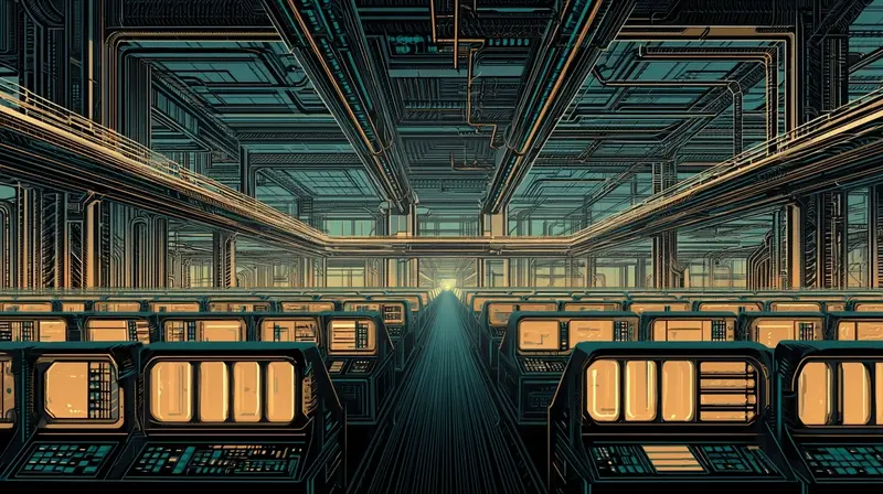 Two symmetric rows of glowing agent terminals converging to a single point of light, no human operators, the quiet before automated conflict